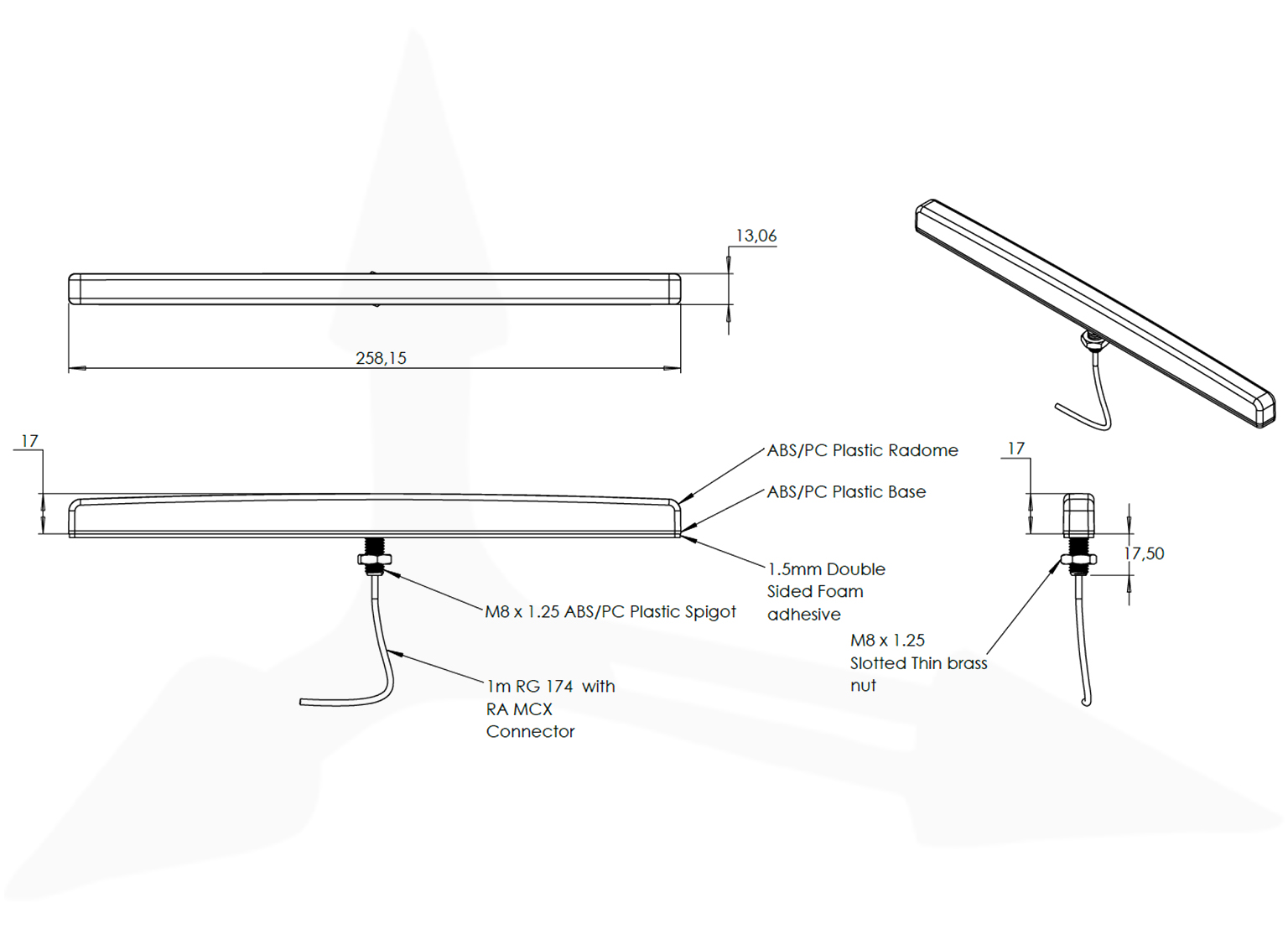Poynting DASH-3 – rysunek techniczny z wymiarami i sposobem montażu powierzchniowego