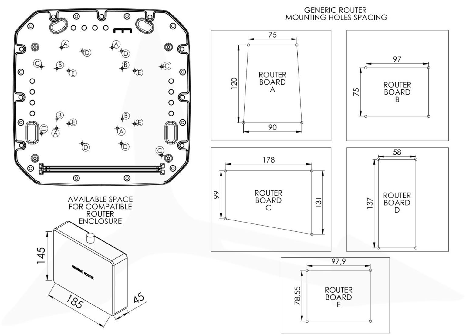 EPNT-1 – miejsce montażu routera wewnątrz obudowy, kompatybilne z routerami do 185 × 145 × 45 mm