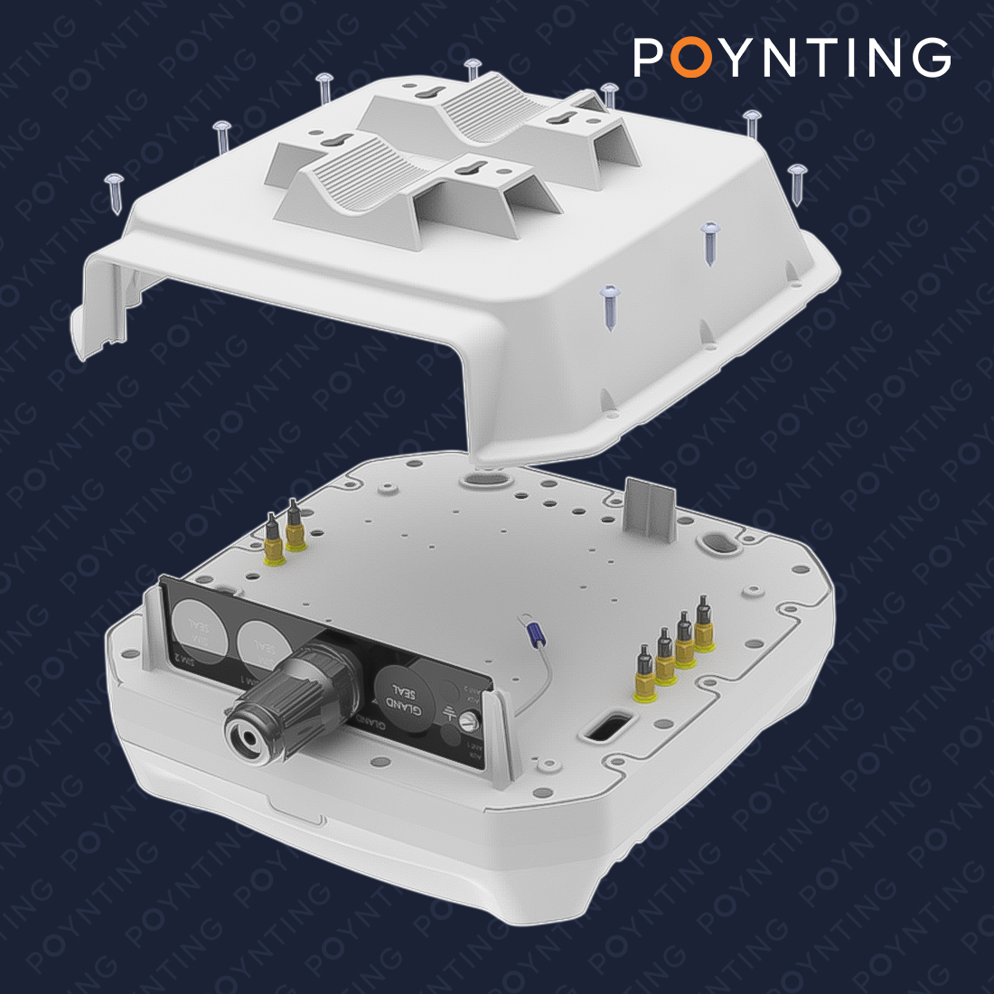Poynting EPNT-2 – montaż routera wewnątrz obudowy (do 185 × 145 × 45 mm)