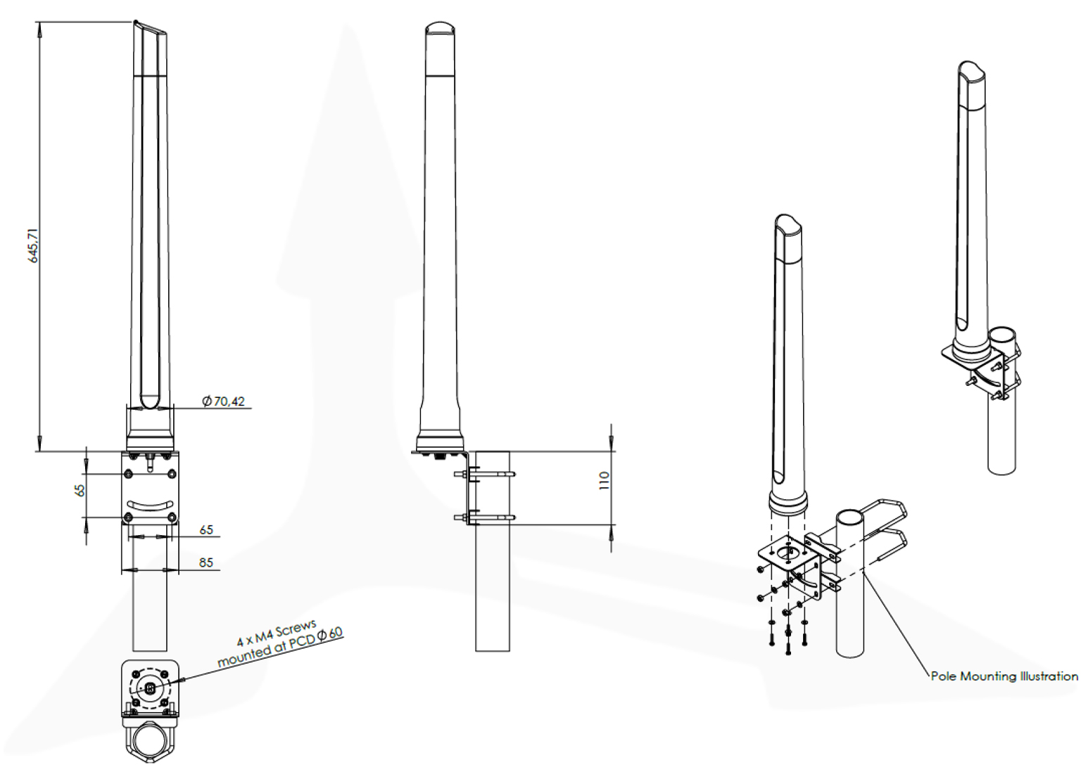 Poynting OMNI-294 – uchwyt ścienno-masztowy typu L (Ø 30–50 mm) w zestawie, montaż pionowy; obudowa IP65; wymiary 646 × Ø71 mm