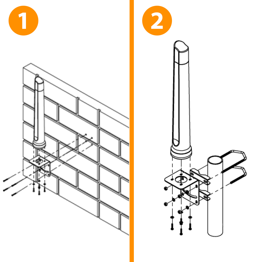 Opcje montażu anteny Poynting OMNI-296 – uchwyt stalowy do masztu i ściany