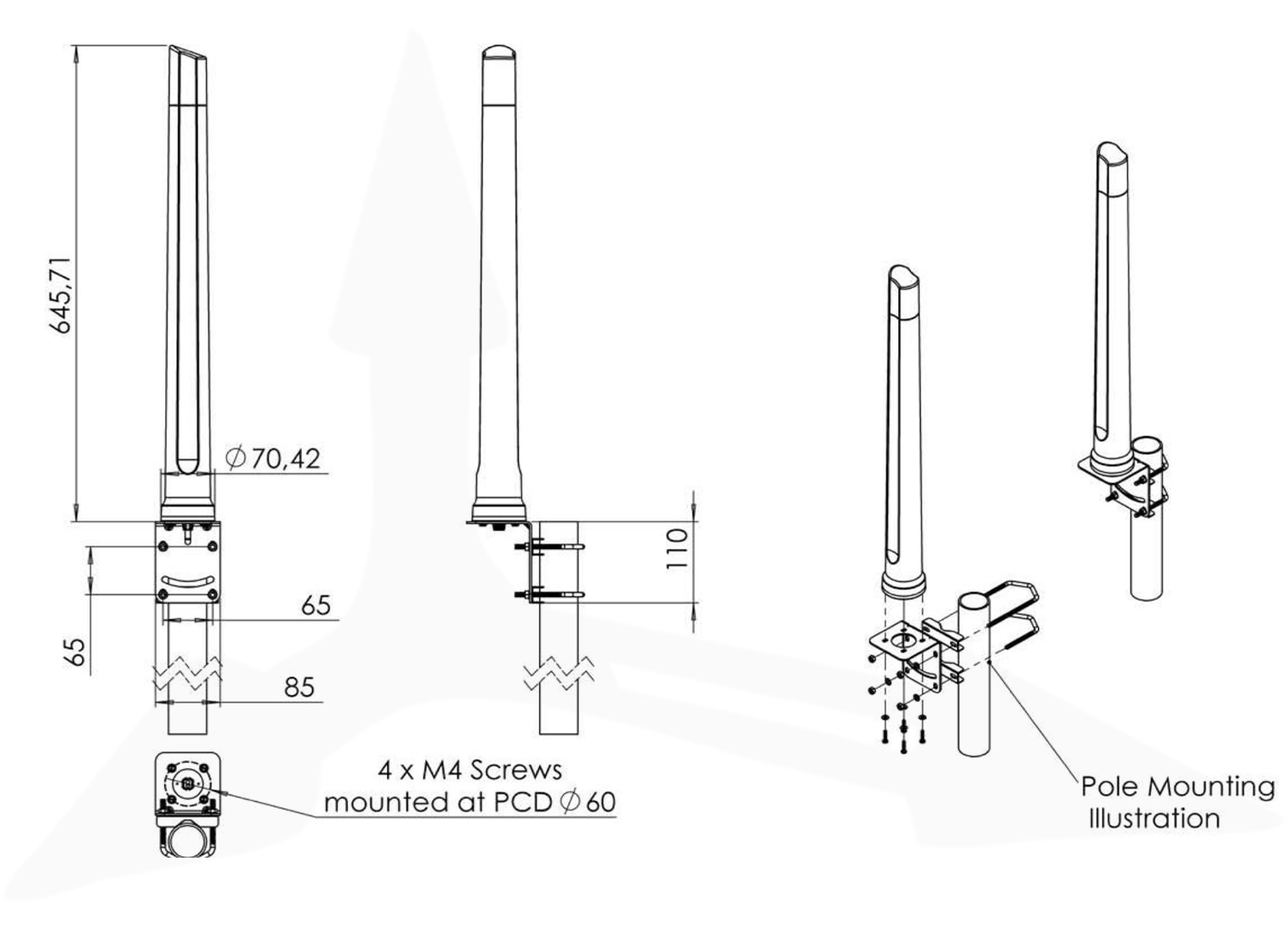 Poynting OMNI-298 – uchwyt ścienno-masztowy typu L (Ø 30–50 mm) w zestawie, montaż pionowy; obudowa IP65; wymiary 646 × Ø71 mm