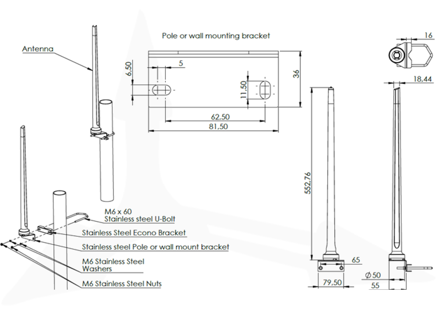 Poynting OMNI-300 – rysunek techniczny, uchwyt ścienno-masztowy w zestawie, wymiary 553 × Ø50 mm, kabel 5 m HDF195 z RPSMA (M)