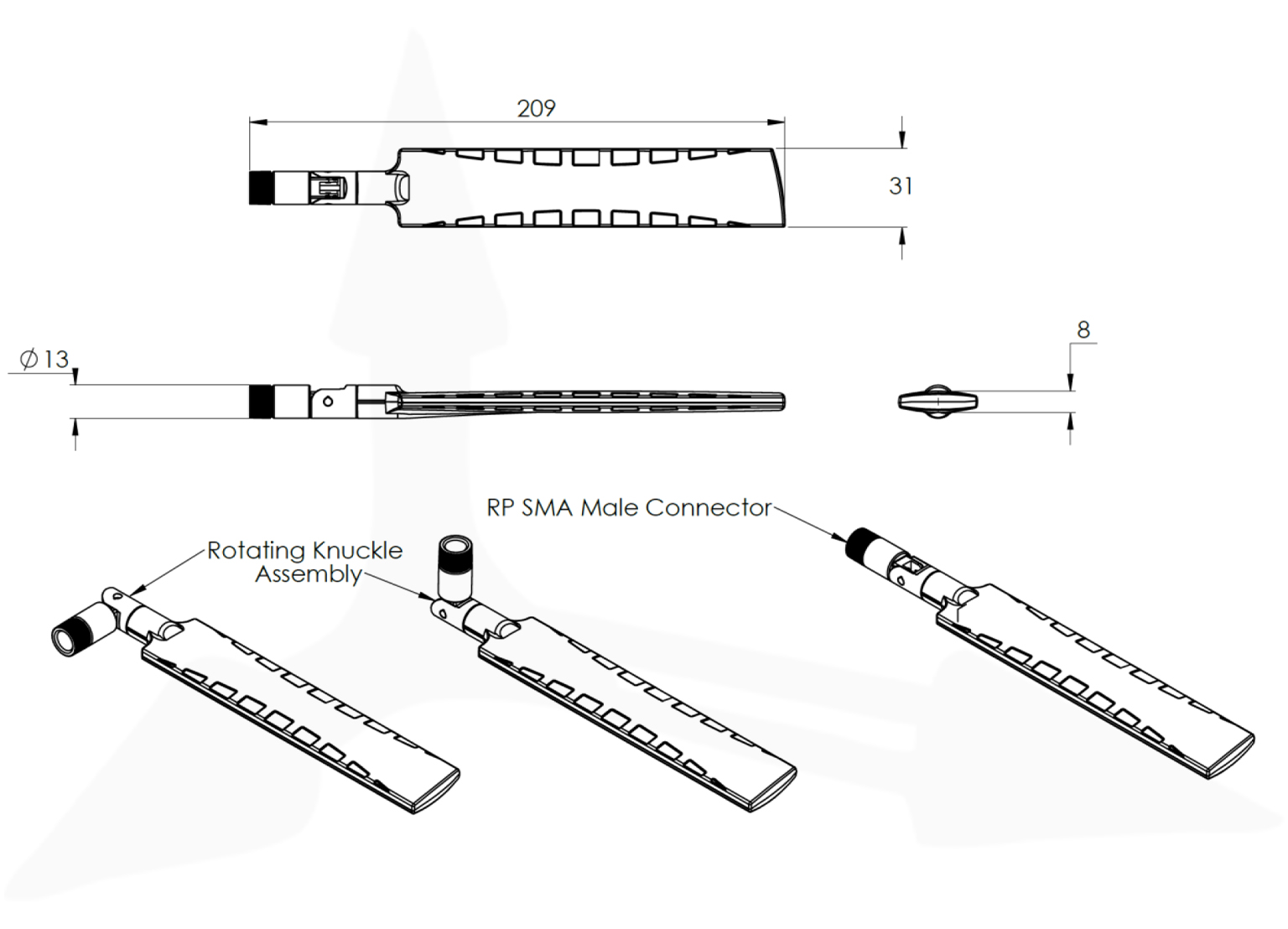 Poynting OMNI-785 – antena Wi-Fi dual-band 2,4 / 5–7,2 GHz, wymiary 209 × 31 × Ø13 mm, montaż bezpośredni RP-SMA (M)