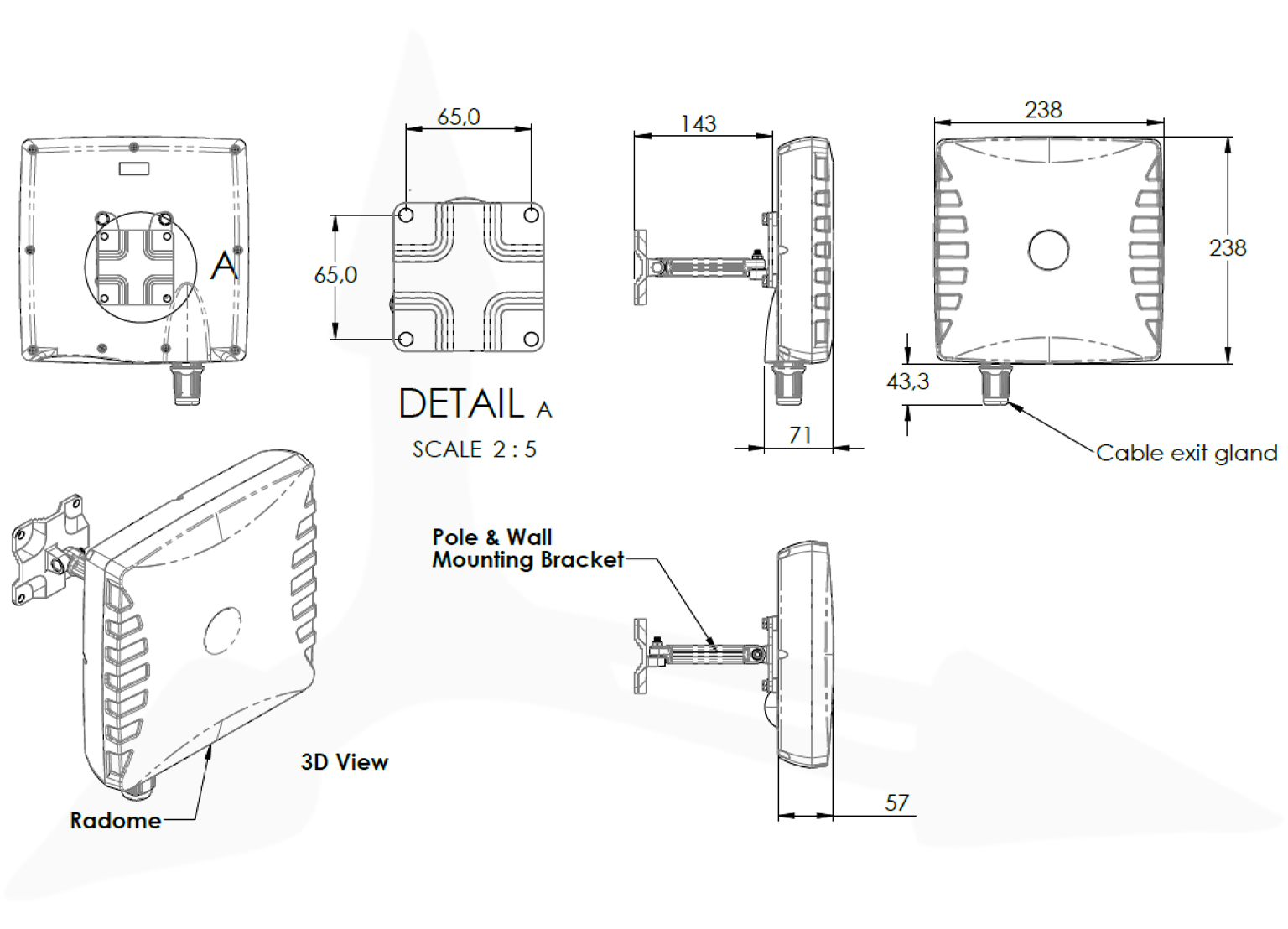 Rysunek techniczny Poynting WLAN-60 z uchwytem ściennym/masztowym