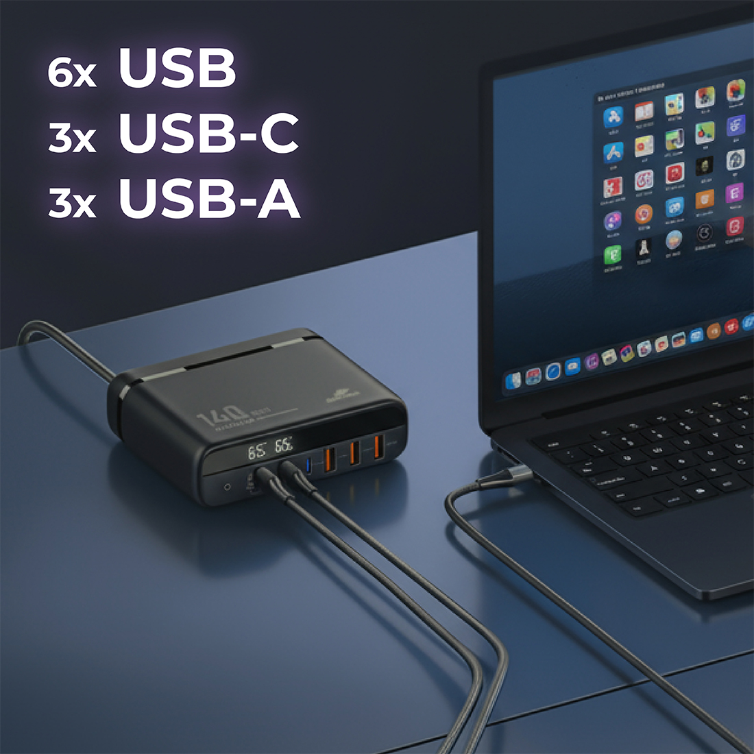 Ładowarka biurkowa GaN 140W Spacetronik SR103 – 6 portów USB i ekran LED