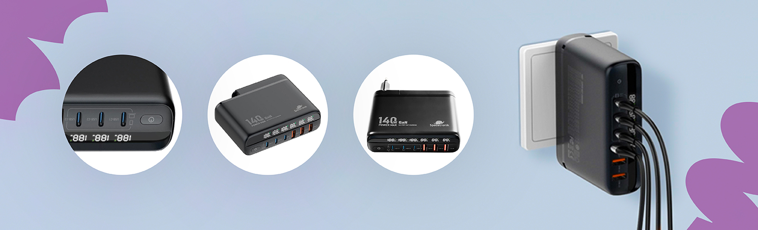 Ładowarka biurkowa GaN 140W Spacetronik SR103 – 6 portów USB i ekran LED