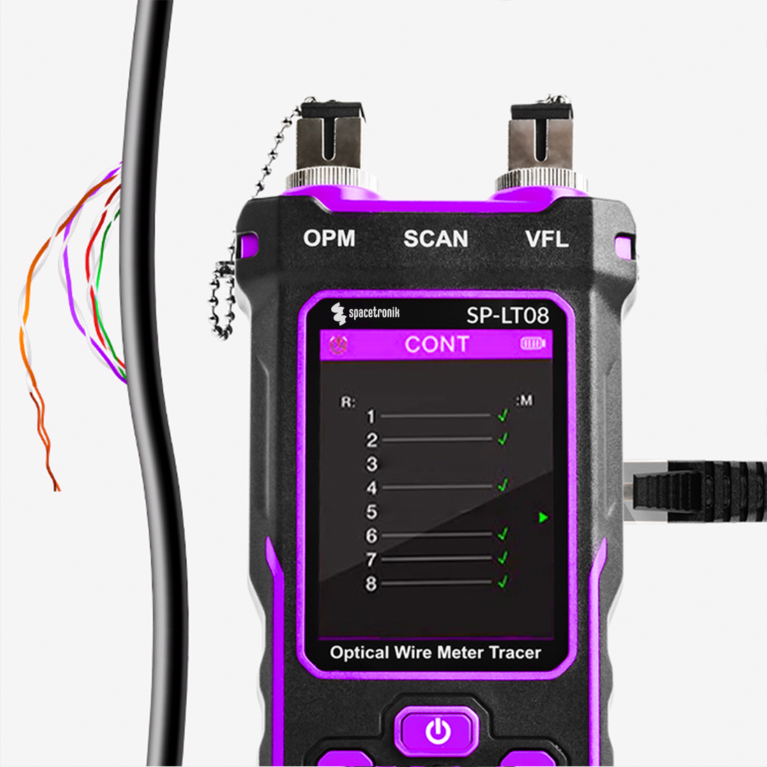 tester kabli, tester sieci, Spacetronik SP-LT08, tester światłowodów, testowanie PoE, miernik mocy optycznej, lokalizator usterek światłowodowych, detektor napięcia bezkontaktowy, pomiar długości kabli, port flash, test RJ45, tester LAN, narzędzie do testowania kabli, profesjonalny tester kabli, narzędzie do konserwacji sieci, mapowanie przewodów, śledzenie kabli, tester kabli Cat5, tester kabli Cat6, wielofunkcyjny tester kabli