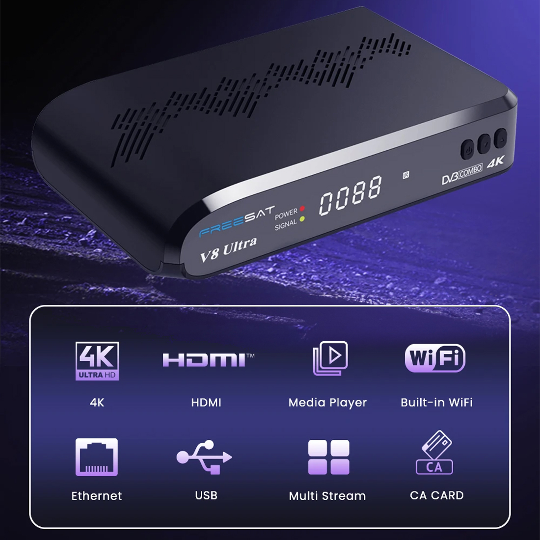 Freesat V8 Ultra tuner combo 4K: satelita, antena naziemna i kablówka + online