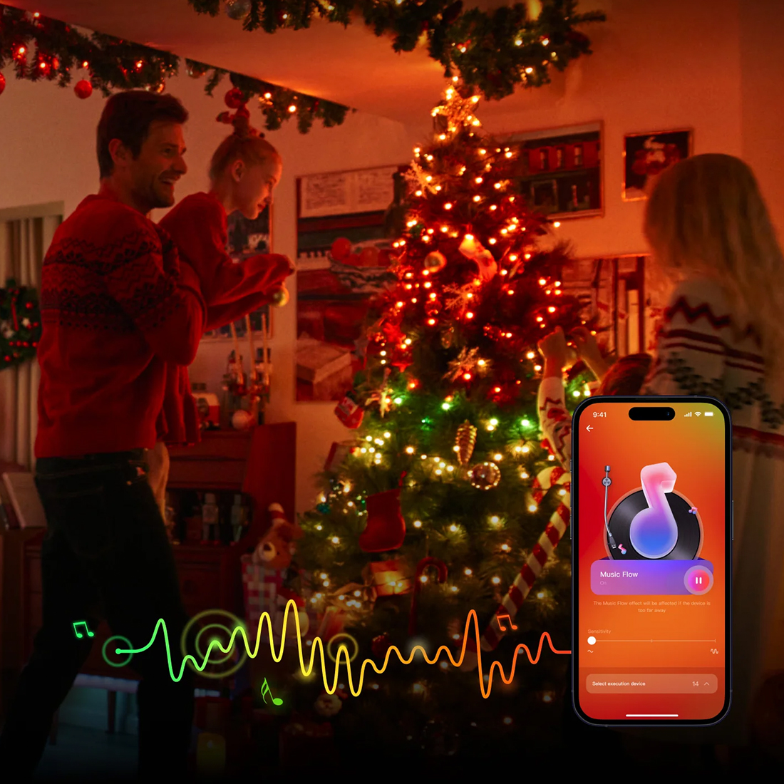 Yeelight Holiday String Lights tryb muzyczny reagujący na dźwięk