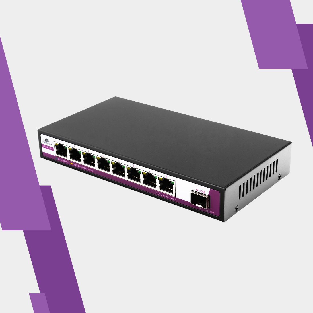 Switch Ethernet, Spacetronik switch, 9 portowy switch, 2,5G switch, switch do biura, switch do domu, szybki switch, sieciowy przełącznik, przełącznik Ethernet, 10G switch, Plug&Play switch, wytrzymały switch, metalowa obudowa switcha, switch z automatyczną negocjacją, przełącznik z LED wskaźnikami, przełącznik z certyfikatami CE, przełącznik z certyfikatami FCC, przełącznik z certyfikatami RoHS, switch z
