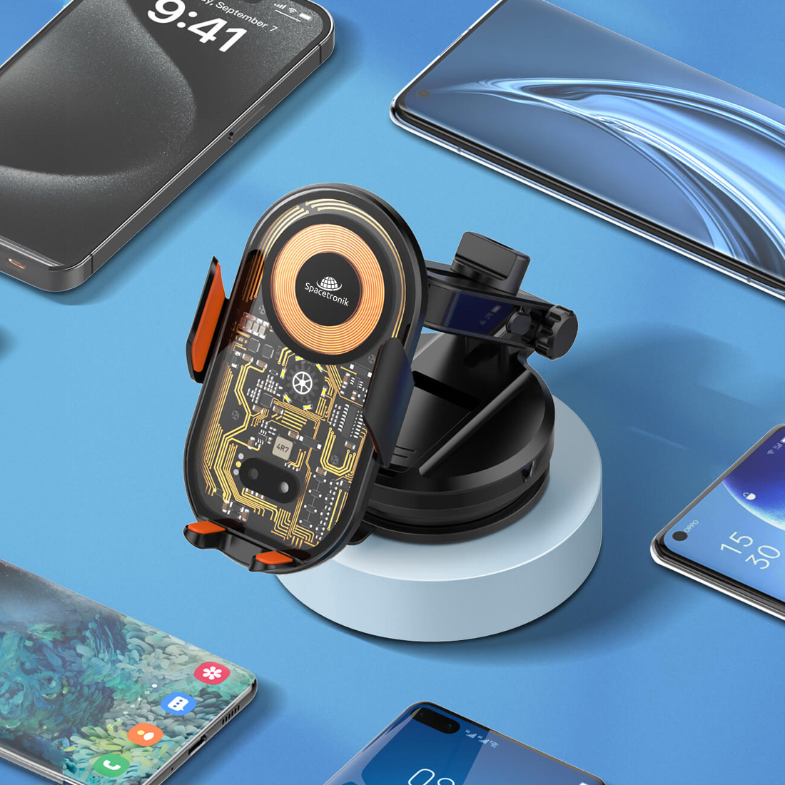 Uchwyt samochodowy SPACETRONIK SR004, uchwyt na telefon z automatycznym zaciskiem, uchwyt samochodowy z ładowaniem bezprzewodowym, uchwyt do telefonu z diodą na podczerwień, uchwyt samochodowy 360 stopni, uchwyt do telefonu SPACETRONIK, automatyczny uchwyt do telefonu, uchwyt na telefon do auta, uchwyt samochodowy z funkcją ładowania, SPACETRONIK SR004 uchwyt
