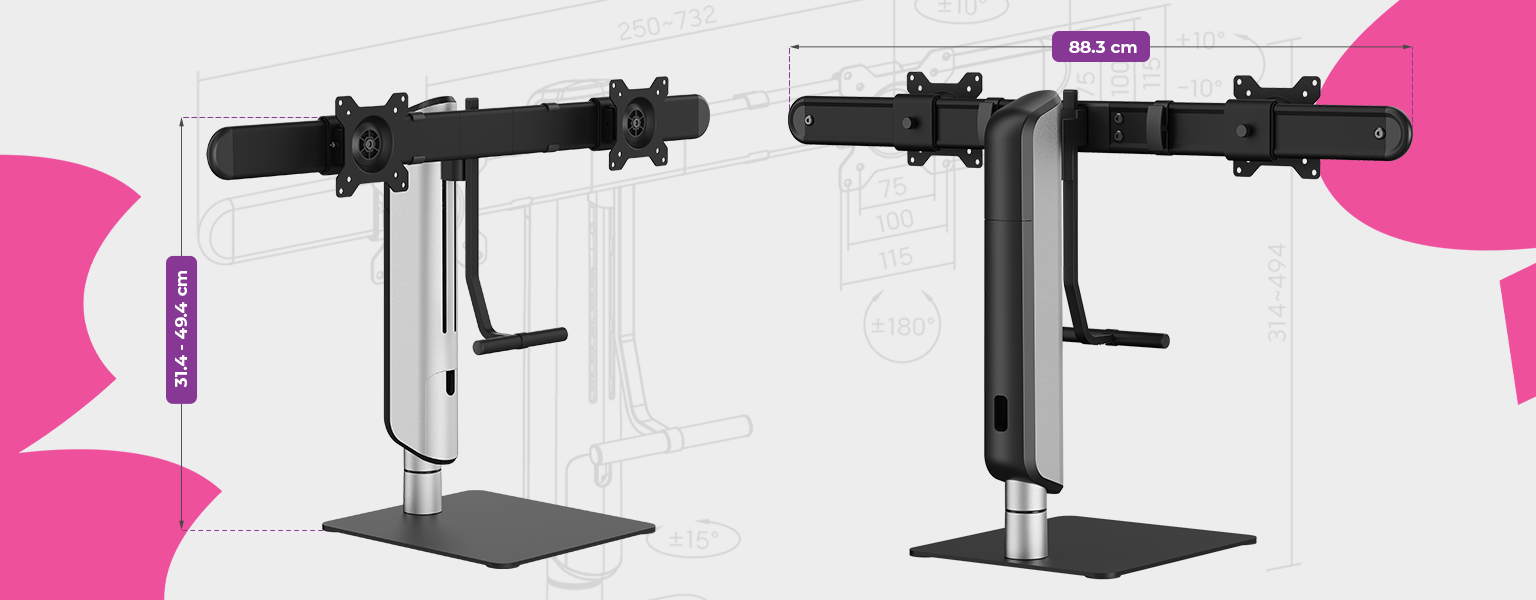 mobilna podstawa na dwa monitory, stojak na dwa monitory 32 cale, uchwyt na monitory z regulacją wysokości, ergonomiczna podstawa do monitorów, podstawka pod dwa monitory 8kg, uchwyt VESA 75x75 100x100, stojak do biura na monitory, regulowany uchwyt do monitorów