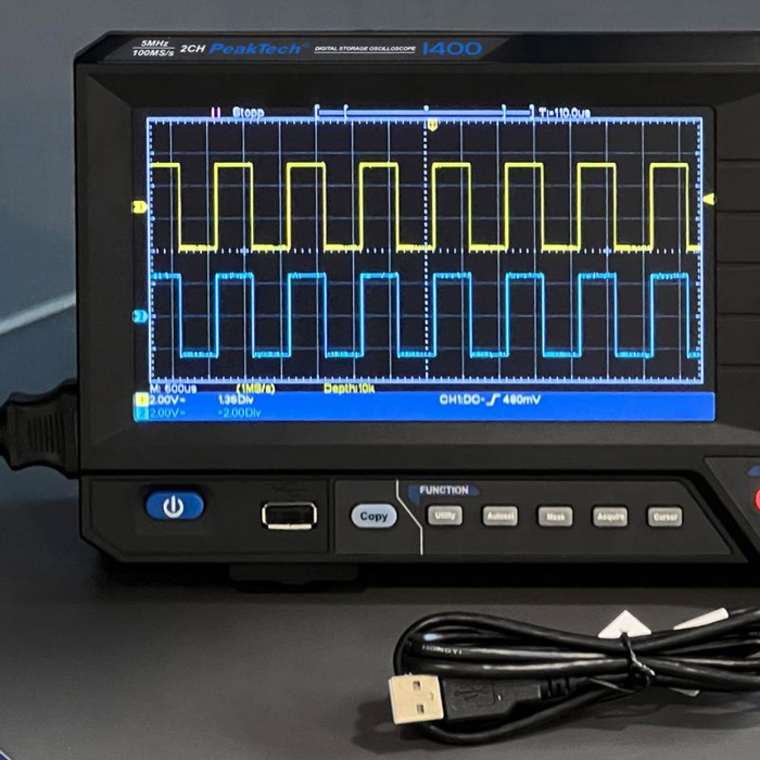 oscyloskop cyfrowy, pasmo analogowe 5 MHz, precyzja pomiarów, narzędzie dla elektroników, badanie sygnałów, urządzenie testowe, PeakTech P1401, analiza sygnałów, sprzęt pomiarowy, oscyloskop 20MHz