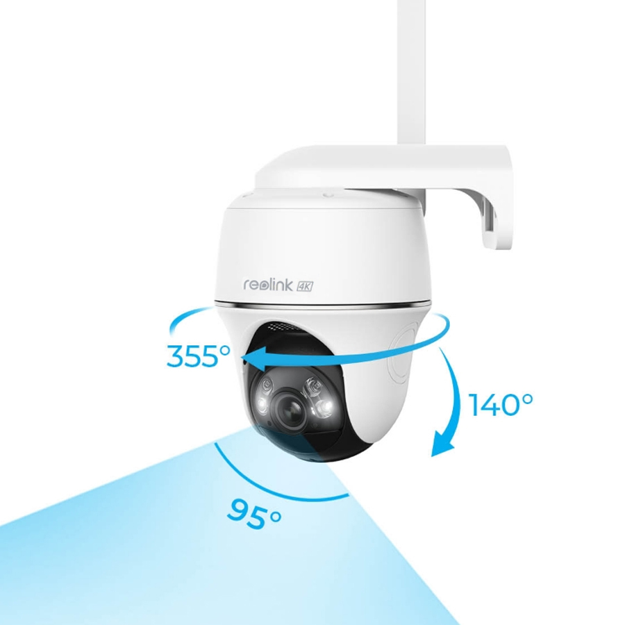 Inteligentna kamera Reolink Argus PT, kamera WiFi 2.4/5GHz, kamera obrotowa, detekcja osób AI, kamera z akumulatorem, noktowizor, monitoring 4K+, kamera z dwustronną komunikacją, kamera z pamięcią lokalną, kamera z panelem solarnym