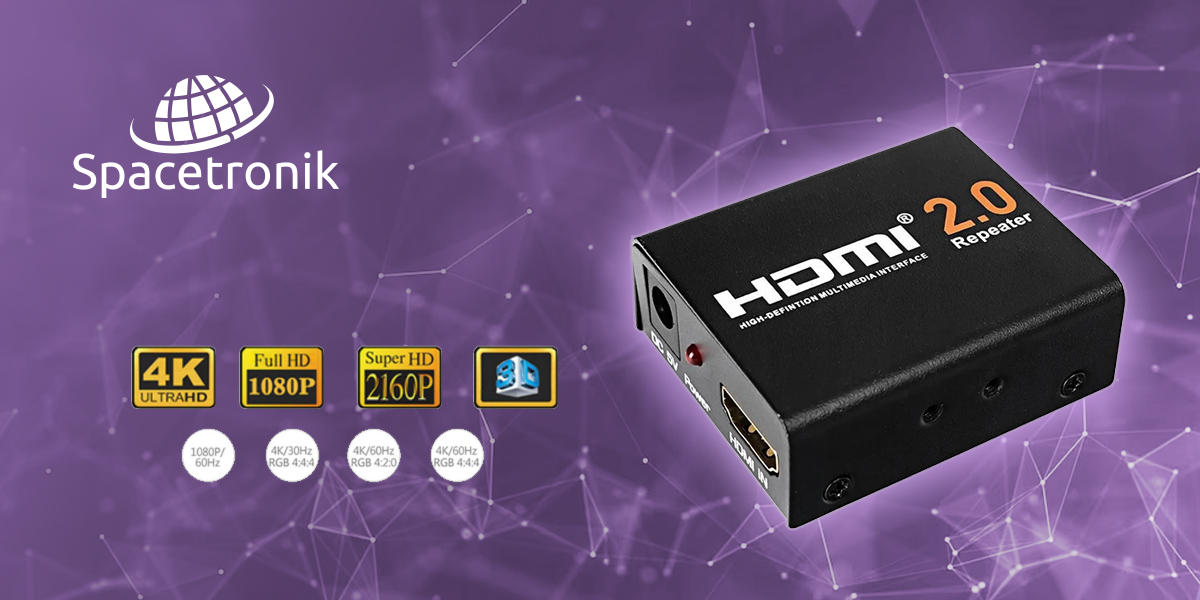 HDMI repeater 4K, HDMI 2.0 repeater, wzmacniacz sygnału HDMI, repeater HDMI Spacetronik, przedłużacz sygnału HDMI 4K, repeater HDMI do 40 metrów, repeater HDMI 4K UHD, konwerter HDMI, repeater kompatybilny z HDMI 2.0, wzmacniacz HDMI dla 4K TV