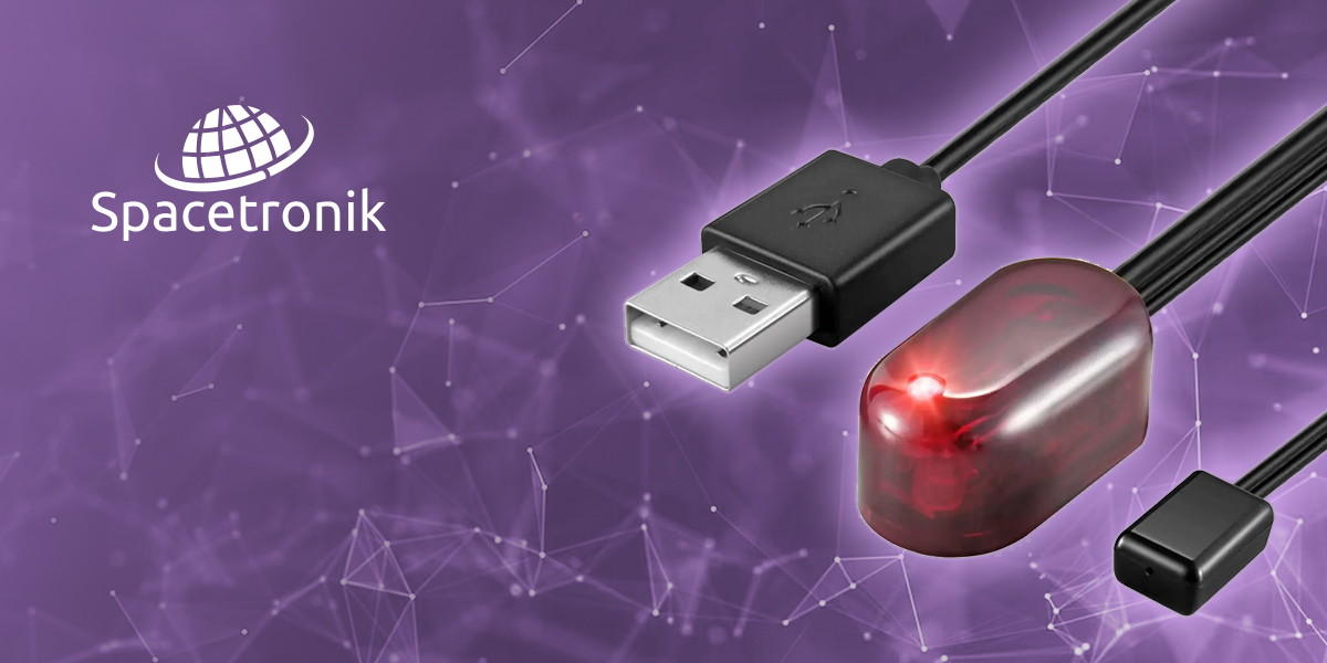 przekaźnik pilota IR, przekaźnik szafkowy IR, Spacetronik SP-IR02, zasięg IR do 25m, pilot IR do szafki, sterowanie urządzeniami w szafce, przekaźnik sygnału IR, IR pilot do dekodera, IR extender, pilot IR do telewizora