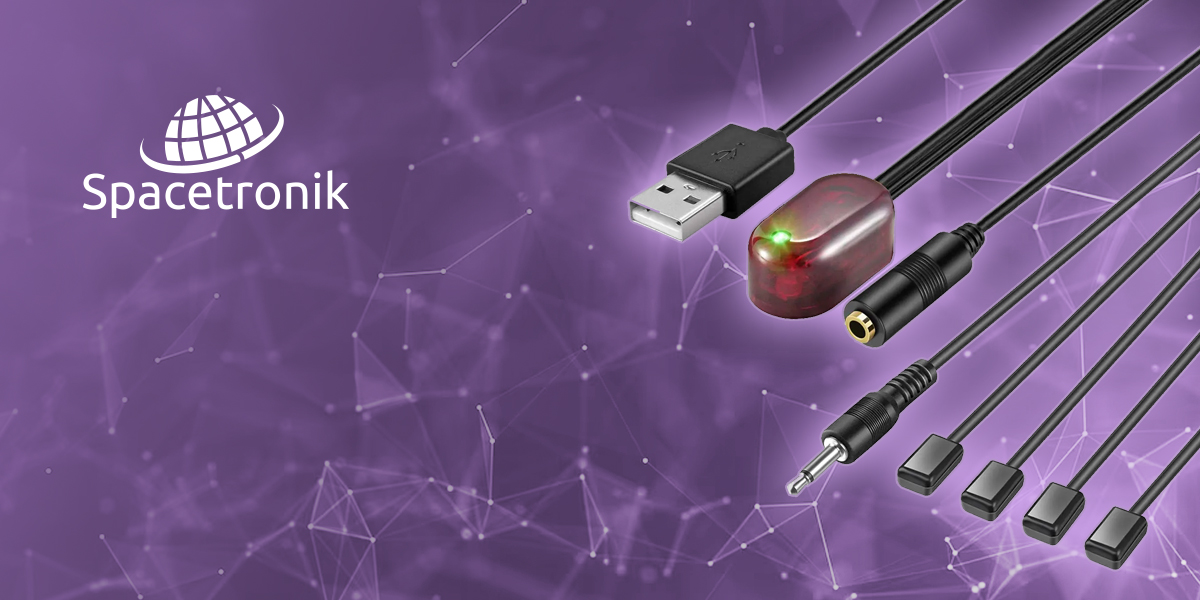 przekaźnik pilota IR, przekaźnik szafkowy IR, Spacetronik SP-IR04, zasięg IR do 25m, pilot IR do szafki, sterowanie urządzeniami w szafce, przekaźnik sygnału IR, IR pilot do dekodera, IR extender, pilot IR do telewizora