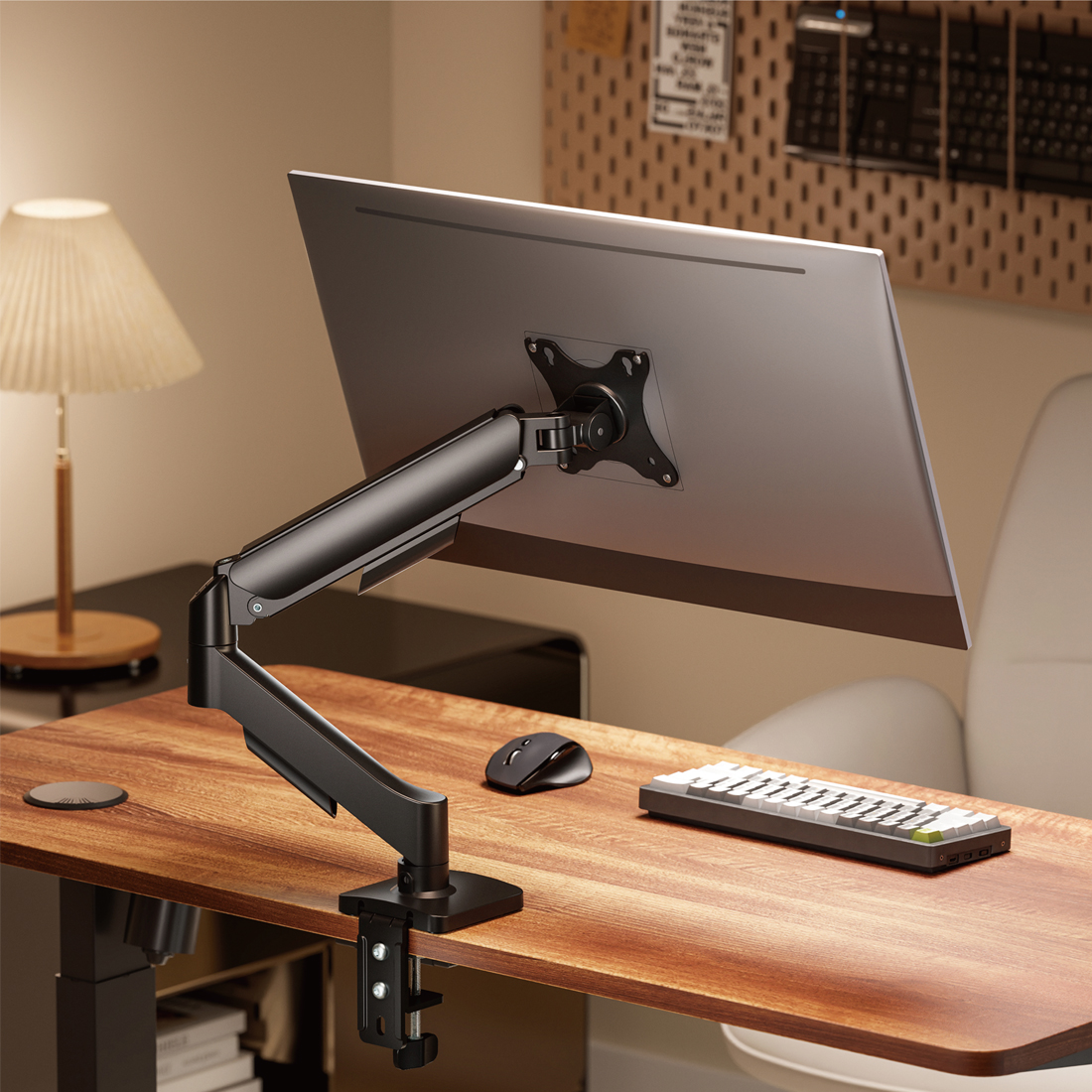 ramię monitora z USB, uchwyt monitora do biurka, regulowane ramię monitorowe, uchwyt z portami USB-C, monitor arm Spacetronik, ramię do monitora 32 cali, ergonomiczny uchwyt biurkowy, Spacetronik SPAE111