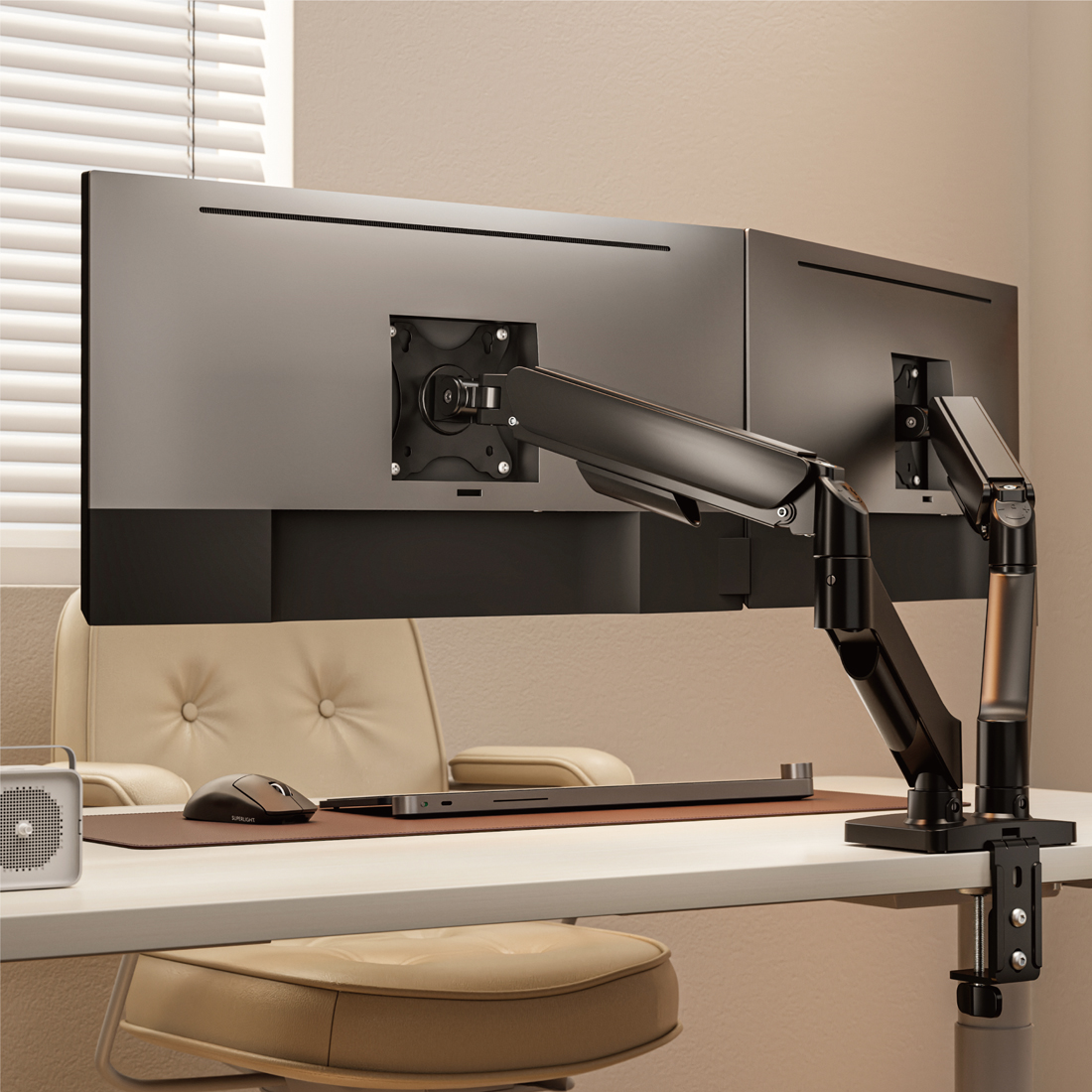 ramię monitora z USB, uchwyt monitora do biurka, regulowane ramię monitorowe, uchwyt z portami USB-C, monitor arm Spacetronik, ramię do monitora 32 cali, ergonomiczny uchwyt biurkowy, Spacetronik SPAE111