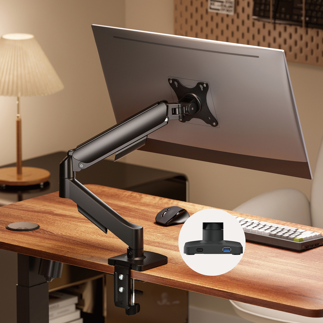 ramię monitora z USB, uchwyt monitora do biurka, regulowane ramię monitorowe, uchwyt z portami USB-C, monitor arm Spacetronik, ramię do monitora 32 cali, ergonomiczny uchwyt biurkowy, Spacetronik SPAG112