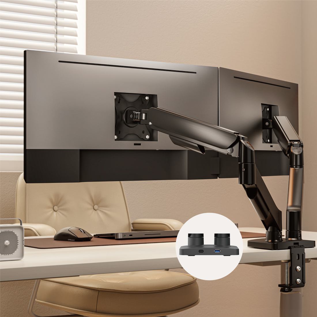 ramię monitora z USB, uchwyt monitora do biurka, regulowane ramię monitorowe, uchwyt z portami USB-C, monitor arm Spacetronik, ramię do monitora 32 cali, ergonomiczny uchwyt biurkowy, Spacetronik SPAG122