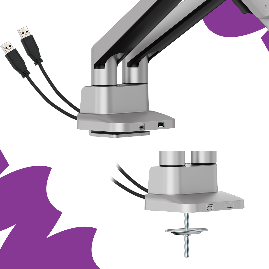 uchwyt do monitora z USB-C, uchwyt z dwoma opcjami montażu, ramię Spacetronik z USB, uchwyt przez przepust, zaciskowy uchwyt do monitora, montaż uchwytu monitora na biurku, ergonomiczny uchwyt Spacetronik