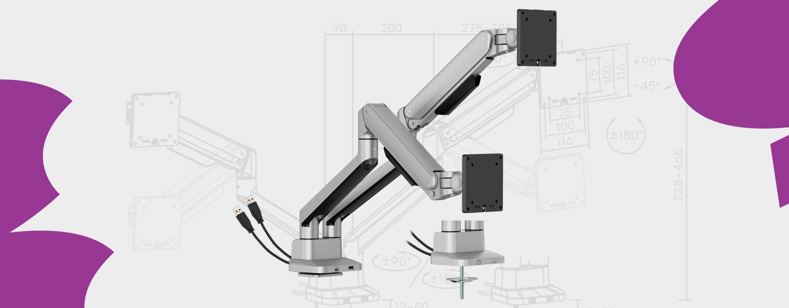 uchwyt do monitora z USB-C, uchwyt biurkowy z portami usb, ramię do monitora deluxe, uchwyt Spacetronik z USB, uchwyt monitorowy sprężynowy, uchwyt do monitora 40 cali, ramię pole mounted z usb, ergonomiczny uchwyt monitora