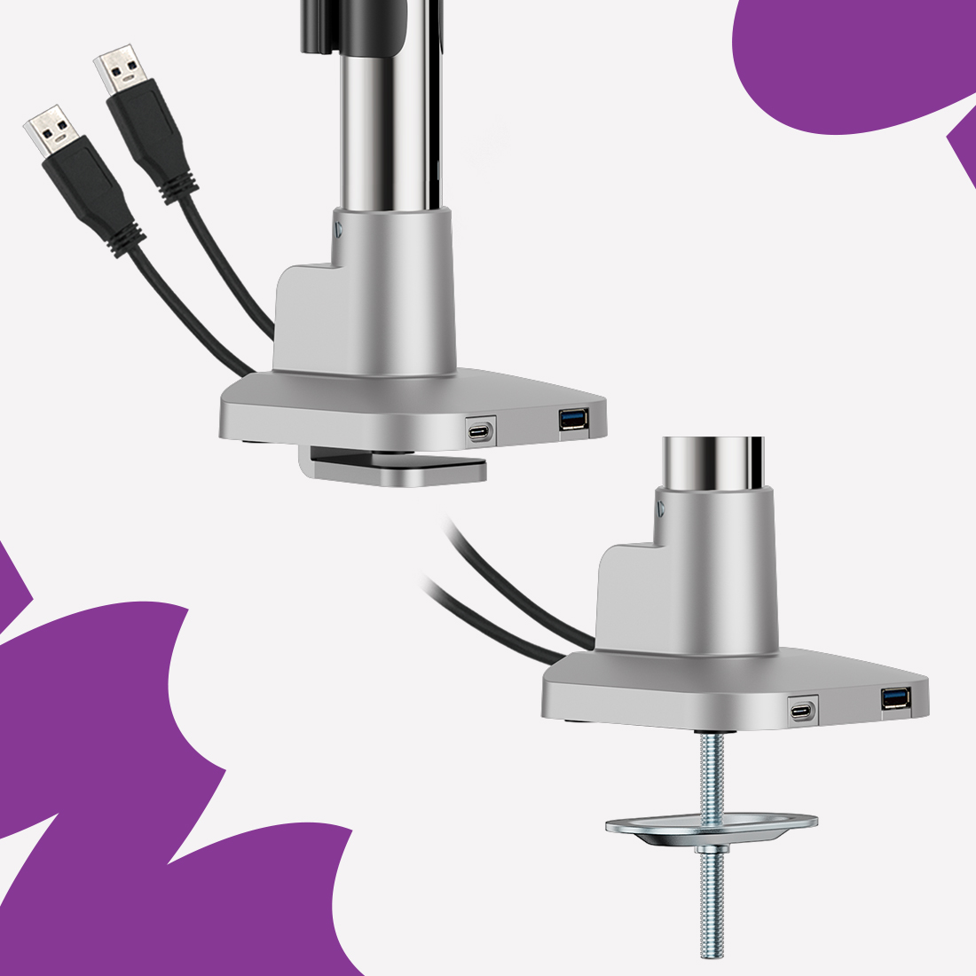 uchwyt do monitora z USB-C, uchwyt z dwoma opcjami montażu, ramię Spacetronik z USB, uchwyt przez przepust, zaciskowy uchwyt do monitora, montaż uchwytu monitora na biurku, ergonomiczny uchwyt Spacetronik