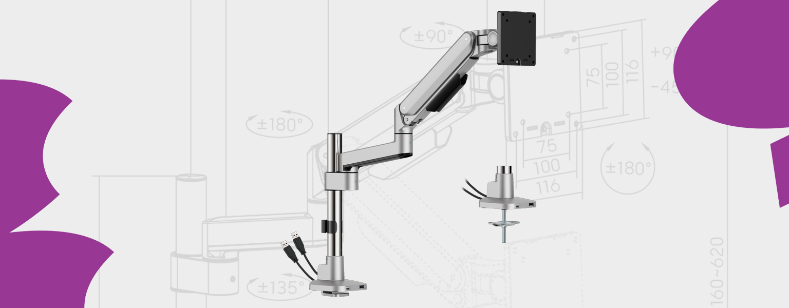 uchwyt do monitora z USB-C, uchwyt biurkowy z portami usb, ramię do monitora deluxe, uchwyt Spacetronik z USB, uchwyt monitorowy sprężynowy, uchwyt do monitora 40 cali, ramię pole mounted z usb, ergonomiczny uchwyt monitora