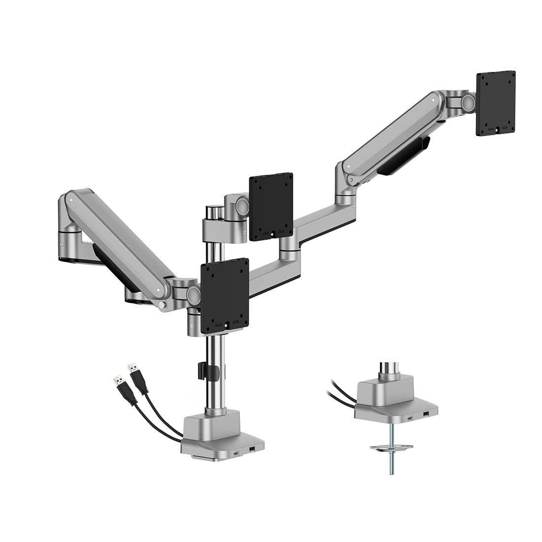 uchwyt do trzech monitorów, ramię do monitorów 27 cali, ergonomiczny uchwyt biurkowy, Spacetronik potrójny uchwyt, uchwyt z portami USB-C, triple monitor arm, uchwyt do 3 ekranów, uchwyt biurkowy z gniazdem USB