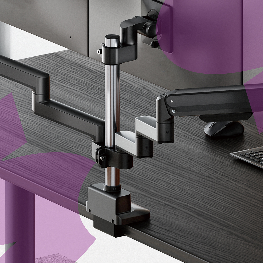 uchwyt do trzech monitorów, ramię do monitorów 27 cali, ergonomiczny uchwyt biurkowy, Spacetronik potrójny uchwyt, uchwyt z portami USB-C, triple monitor arm, uchwyt do 3 ekranów, uchwyt biurkowy z gniazdem USB