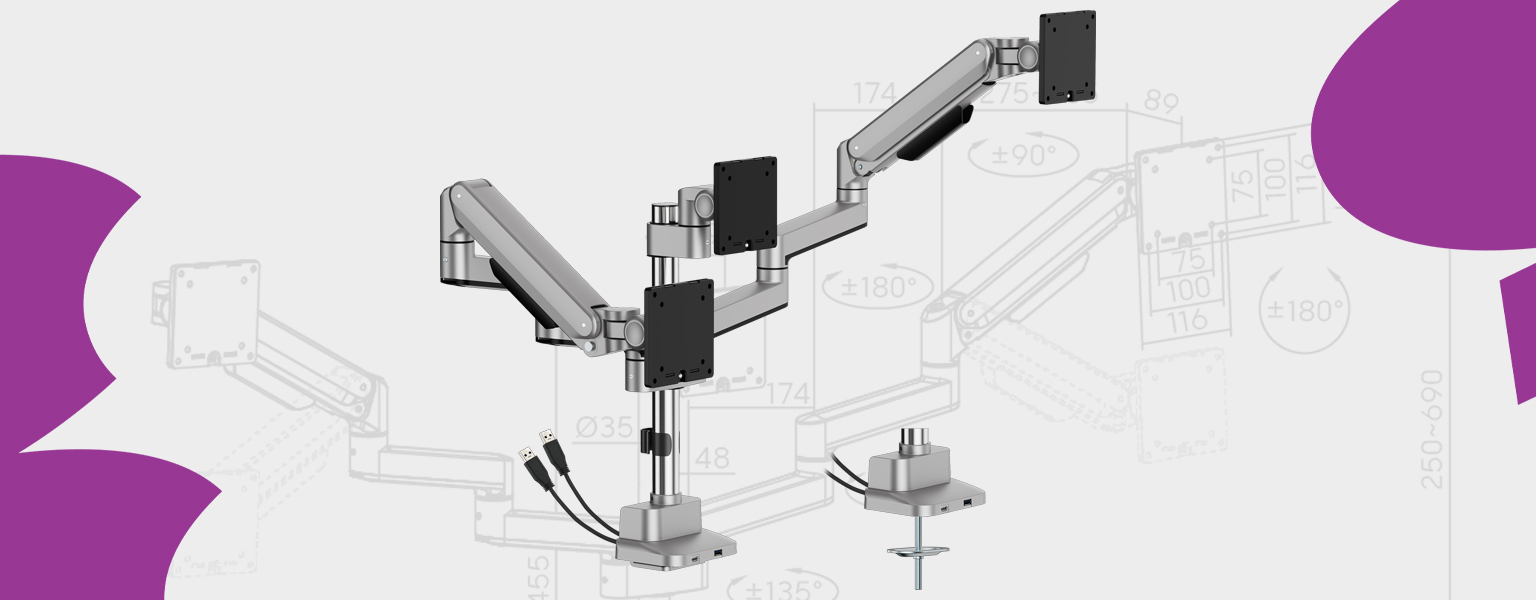 uchwyt do trzech monitorów, ramię do monitorów 27 cali, ergonomiczny uchwyt biurkowy, Spacetronik potrójny uchwyt, uchwyt z portami USB-C, triple monitor arm, uchwyt do 3 ekranów, uchwyt biurkowy z gniazdem USB