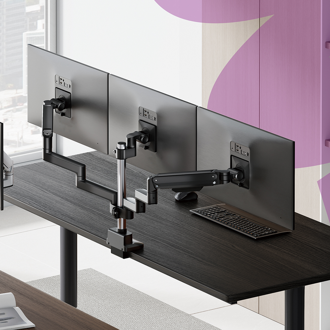 uchwyt do trzech monitorów, ramię do monitorów 27 cali, ergonomiczny uchwyt biurkowy, Spacetronik potrójny uchwyt, uchwyt z portami USB-C, triple monitor arm, uchwyt do 3 ekranów, uchwyt biurkowy z gniazdem USB