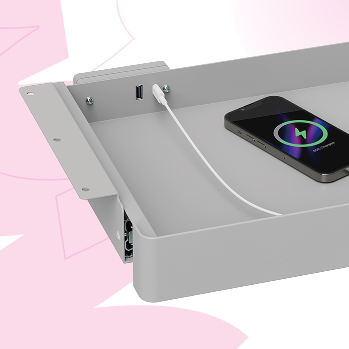 ładowarka USB-C USB-A z gniazdami do biurka, organizer na kable z ładowaniem USB, stacja ładowania z USB-C, biurko z portami USB, zintegrowane porty ładowania, uchwyt na kable z ładowarką, ładowarka biurkowa USB, wbudowane porty USB, ładowarka do urządzeń mobilnych