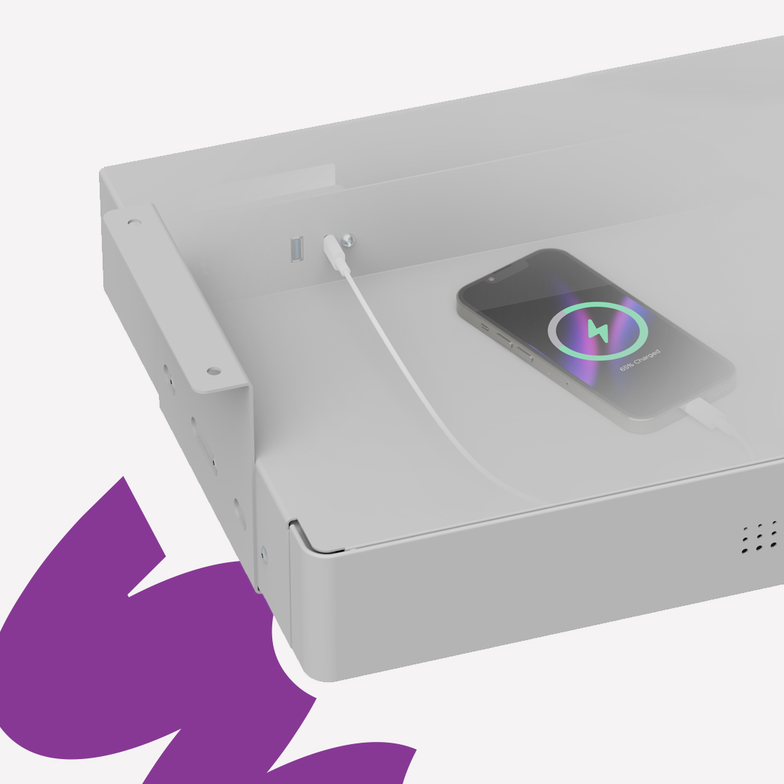 szuflada podbiurkowa z USB, organizer biurkowy Spacetronik, szuflada z ładowarką USB-C, szuflada do biurka z półką, biurowa szuflada podblatowa, nowoczesna szuflada z portami USB, organizer pod biurko z ładowaniem, ergonomiczna szuflada do pracy
