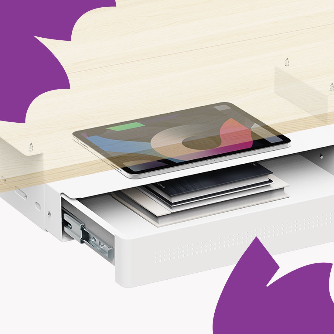 szuflada podbiurkowa z USB, organizer biurkowy Spacetronik, szuflada z ładowarką USB-C, szuflada do biurka z półką, biurowa szuflada podblatowa, nowoczesna szuflada z portami USB, organizer pod biurko z ładowaniem, ergonomiczna szuflada do pracy