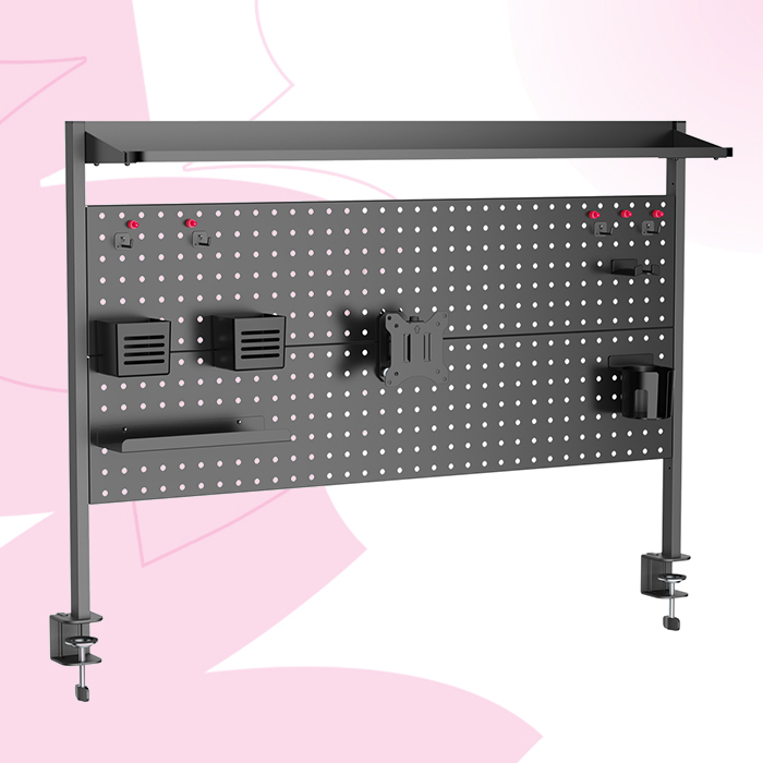 półka biurkowa z tablicą perforowaną, organizer na biurko z uchwytem na monitor, półka clamp-on do biurka 120 cm, organizer z VESA do monitora, półka z akcesoriami perforowanymi, biurowy organizer przestrzeni, półka na narzędzia do biurka, organizer do pracy zdalnej