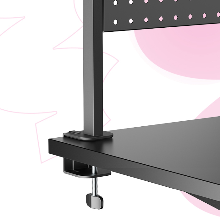 półka biurkowa z tablicą perforowaną, organizer na biurko z uchwytem na monitor, półka clamp-on do biurka 120 cm, organizer z VESA do monitora, półka z akcesoriami perforowanymi, biurowy organizer przestrzeni, półka na narzędzia do biurka, organizer do pracy zdalnej