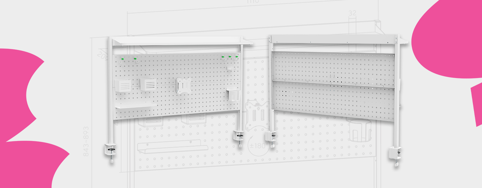 tablica perforowana do biurka, uchwyt VESA do monitora, biurkowy system organizacji, tablica clamp-on z organizerem, ściana perforowana z półkami, akcesoria do tablicy perforowanej, monitor nad biurkiem, wyposażenie biurka