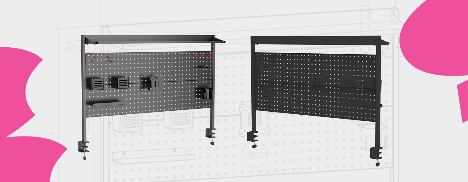 tablica perforowana do biurka, uchwyt VESA do monitora, biurkowy system organizacji, tablica clamp-on z organizerem, ściana perforowana z półkami, akcesoria do tablicy perforowanej, monitor nad biurkiem, wyposażenie biurka
