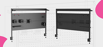 tablica perforowana do biurka, uchwyt VESA do monitora, biurkowy system organizacji, tablica clamp-on z organizerem, ściana perforowana z półkami, akcesoria do tablicy perforowanej, monitor nad biurkiem, wyposażenie biurka