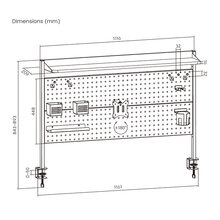 tablica perforowana do biurka, uchwyt VESA do monitora, biurkowy system organizacji, tablica clamp-on z organizerem, ściana perforowana z półkami, akcesoria do tablicy perforowanej, monitor nad biurkiem, wyposażenie biurka