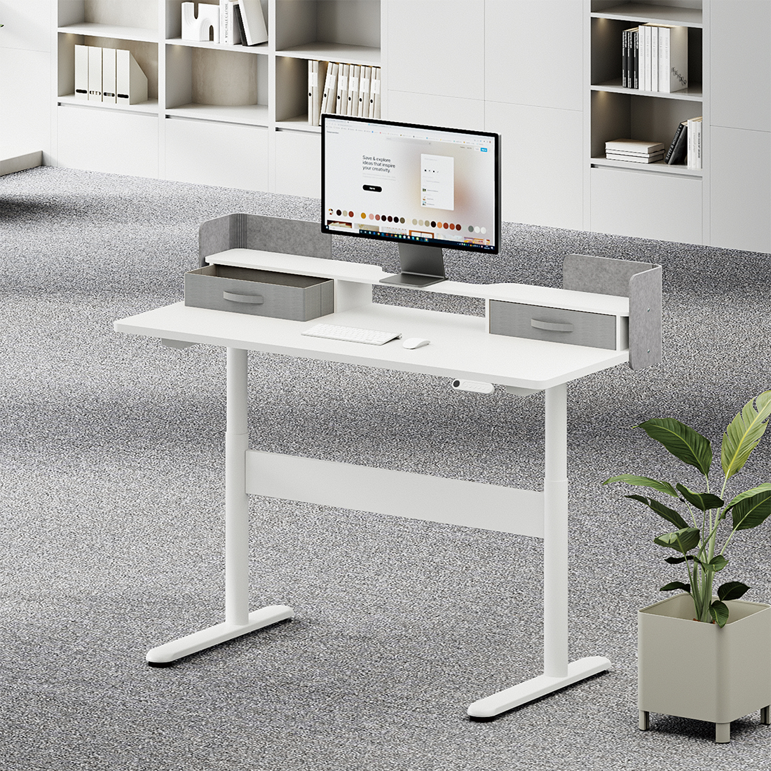 biurko elektryczne z regulacją wysokości, biurko mobilne z silnikiem, biurko do pracy stojącej, biurko z systemem antykolizyjnym, białe biurko elektryczne, ergonomiczne biurko z napędem, regulowane biurko z kółkami, nowoczesne biurko do biura