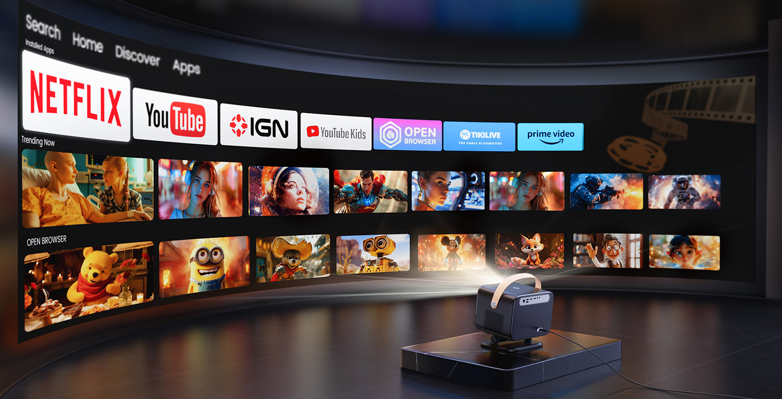 Projektor do domu, najlepszy projektor, projektor Full HD, projektor z dobrym dźwiękiem, projektor z Alexa, WiFi, projektor Netflix, projektor do gier, projektor na prezentacje, jaki projektor kupić, projektor wielkość ekranu, yaber